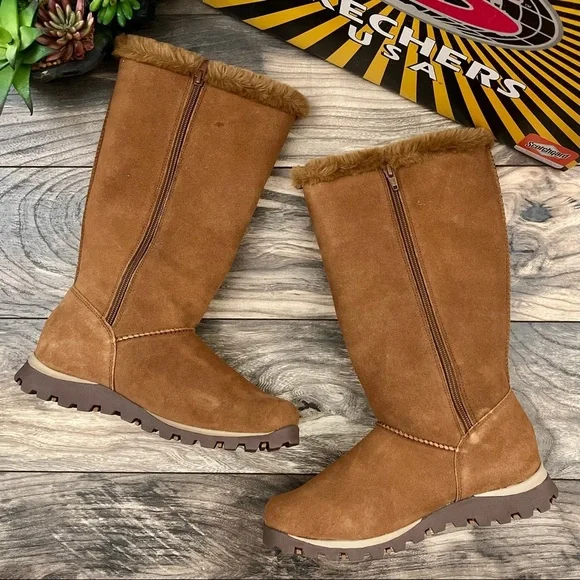 NIB Skechers Grand Jams Snowdrop Mid Calf Winter Boots Chestnut Suede - Picture 2 of 12